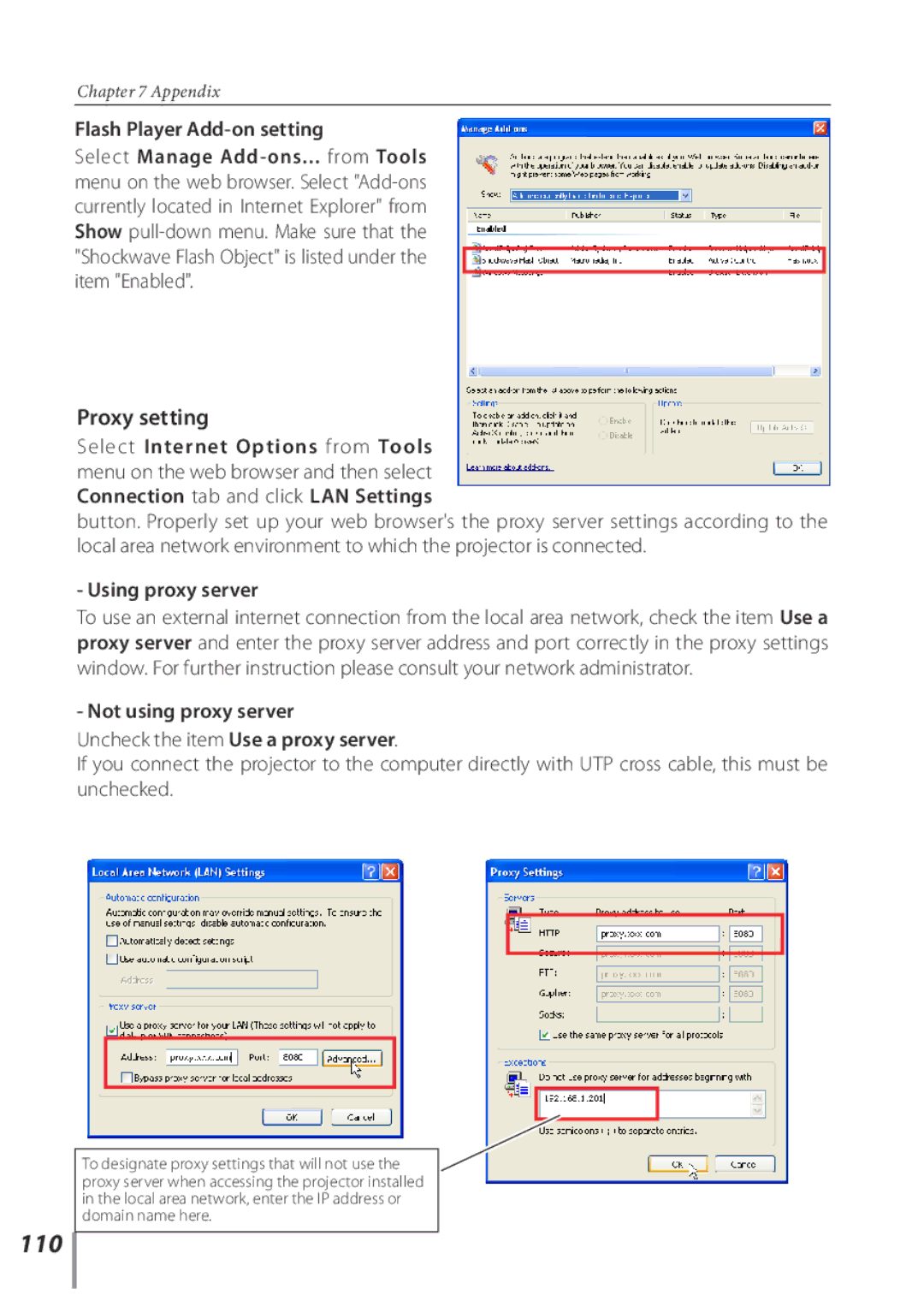 Sanyo POA-PN03C owner manual 110, Flash Player Add-on setting, Using proxy server, Not using proxy server 