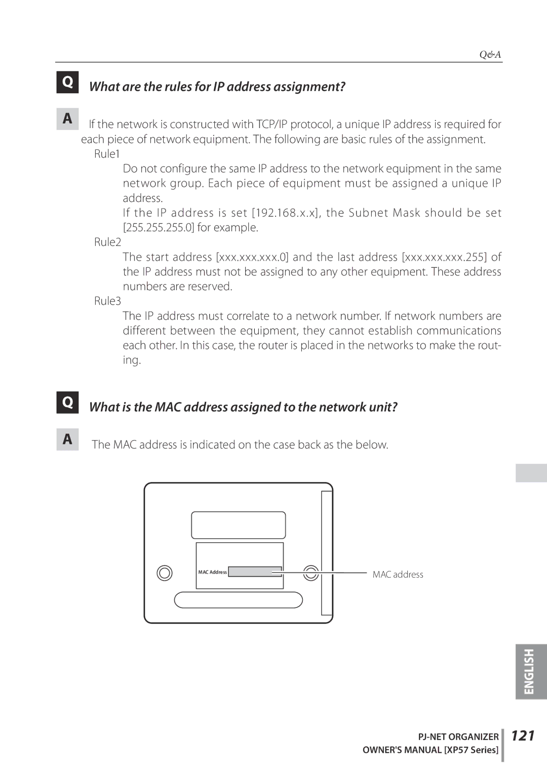 Sanyo POA-PN03C 121, What are the rules for IP address assignment?, What is the MAC address assigned to the network unit? 