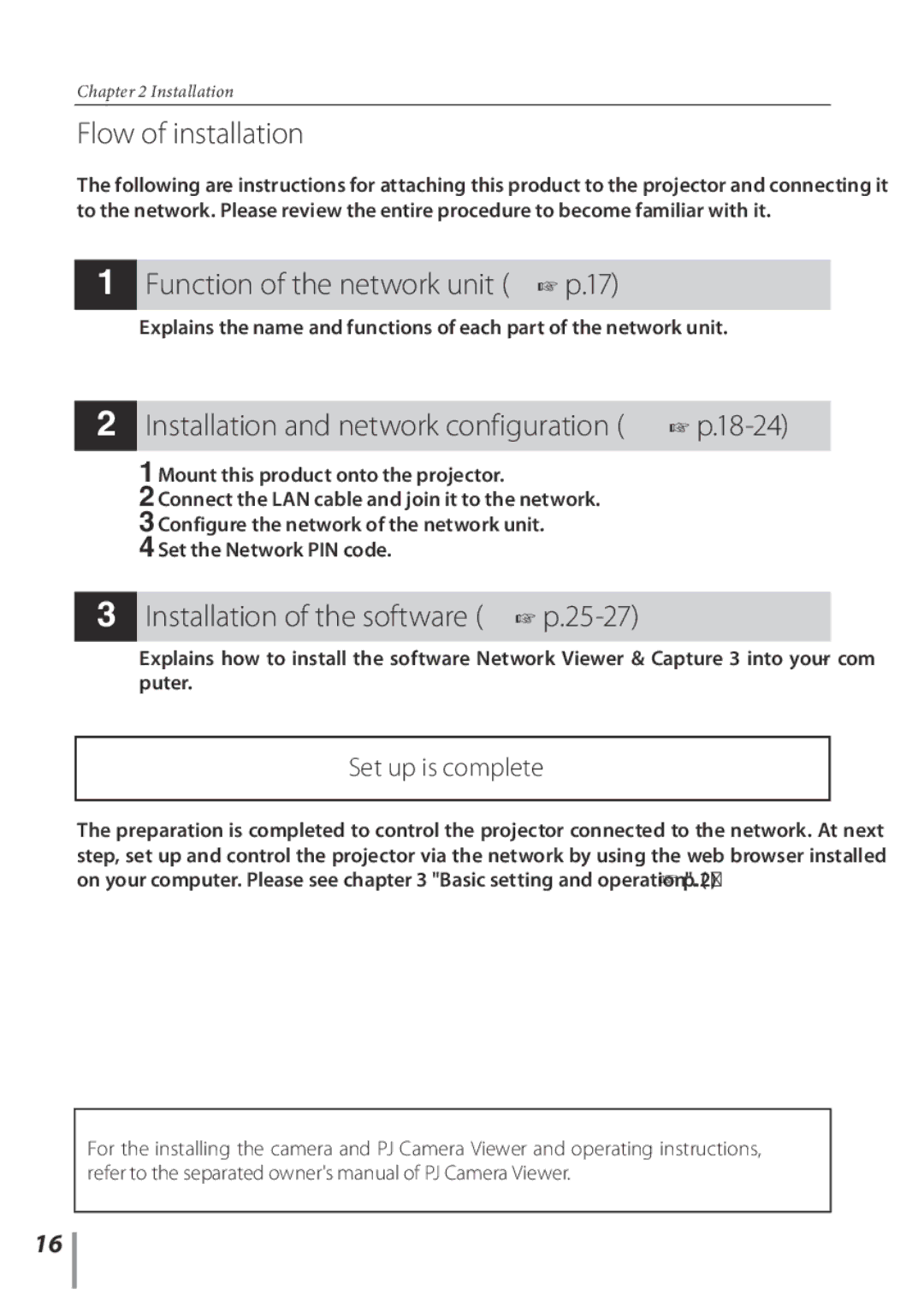 Sanyo POA-PN03C Flow of installation, Function of the network unit p.17, Installation and network configuration p.18-24 