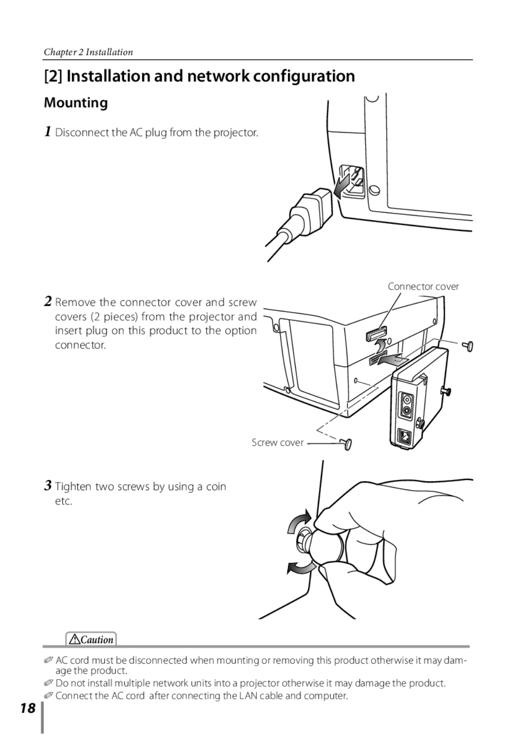 Sanyo POA-PN03C owner manual Installation and network configuration, Mounting, Tighten two screws by using a coin etc 