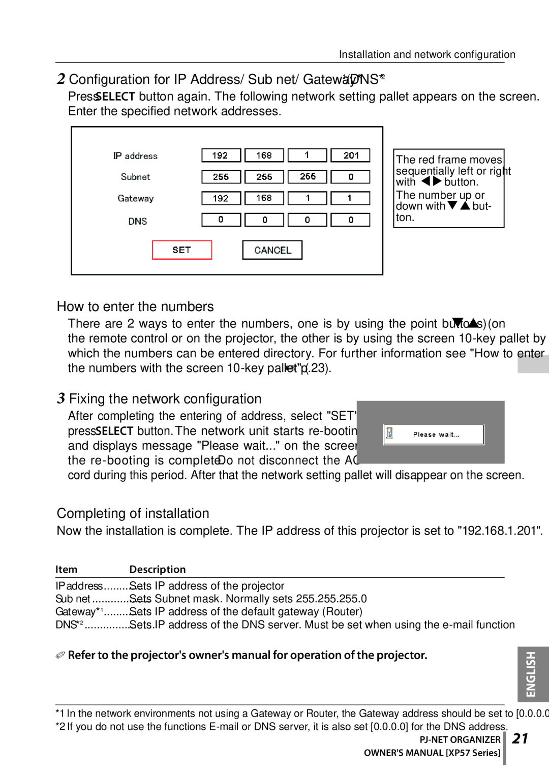 Sanyo POA-PN03C owner manual Configuration for IP Address/ Sub net/ Gateway*1/DNS*2, How to enter the numbers, Description 