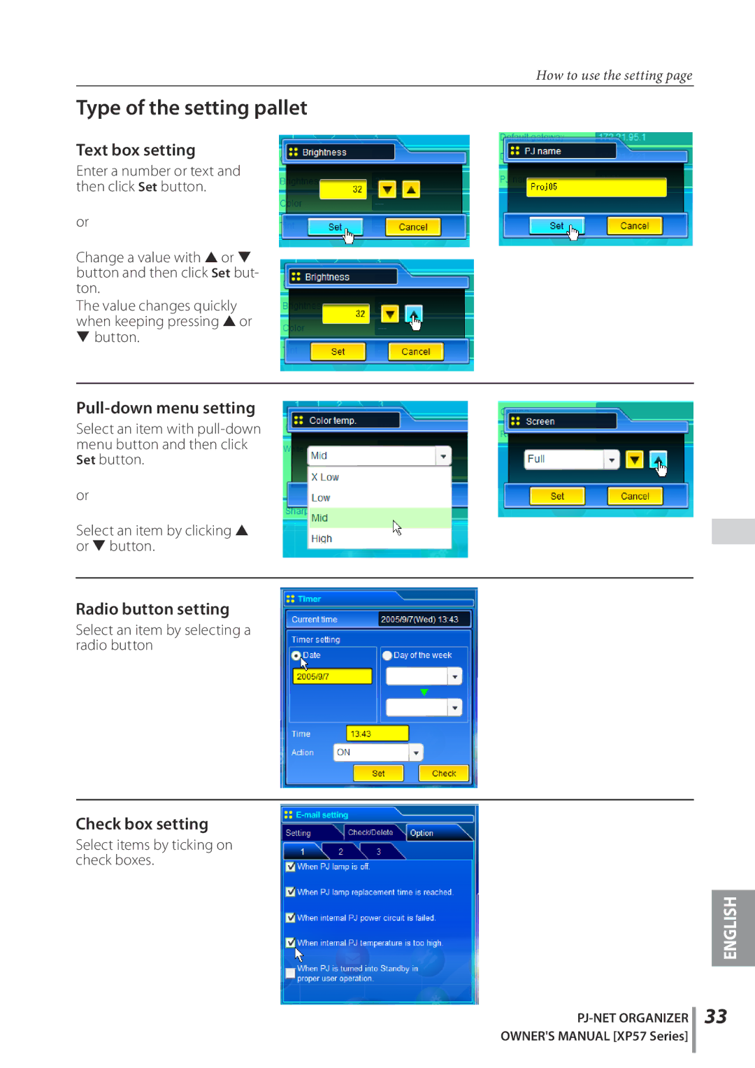 Sanyo POA-PN03C owner manual Type of the setting pallet, Text box setting, Pull-down menu setting, Radio button setting 