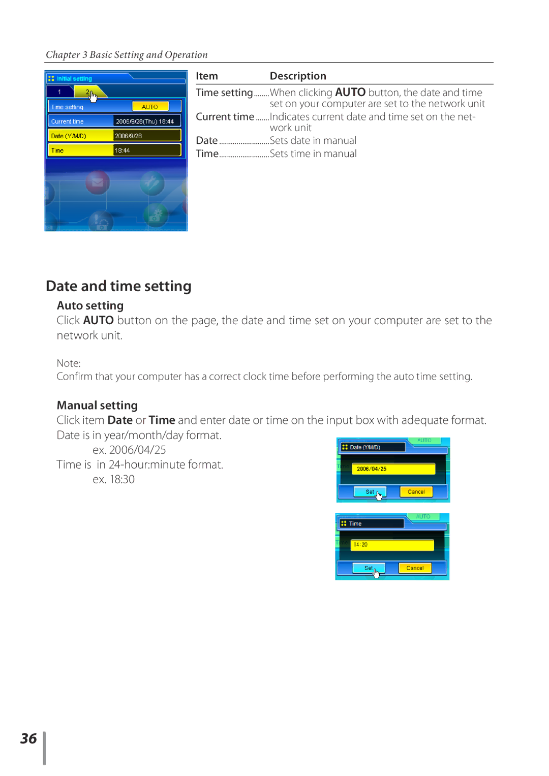 Sanyo POA-PN03C owner manual Date and time setting, Auto setting, Manual setting 