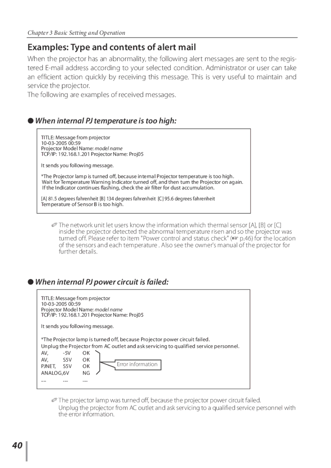 Sanyo POA-PN03C owner manual Examples Type and contents of alert mail 