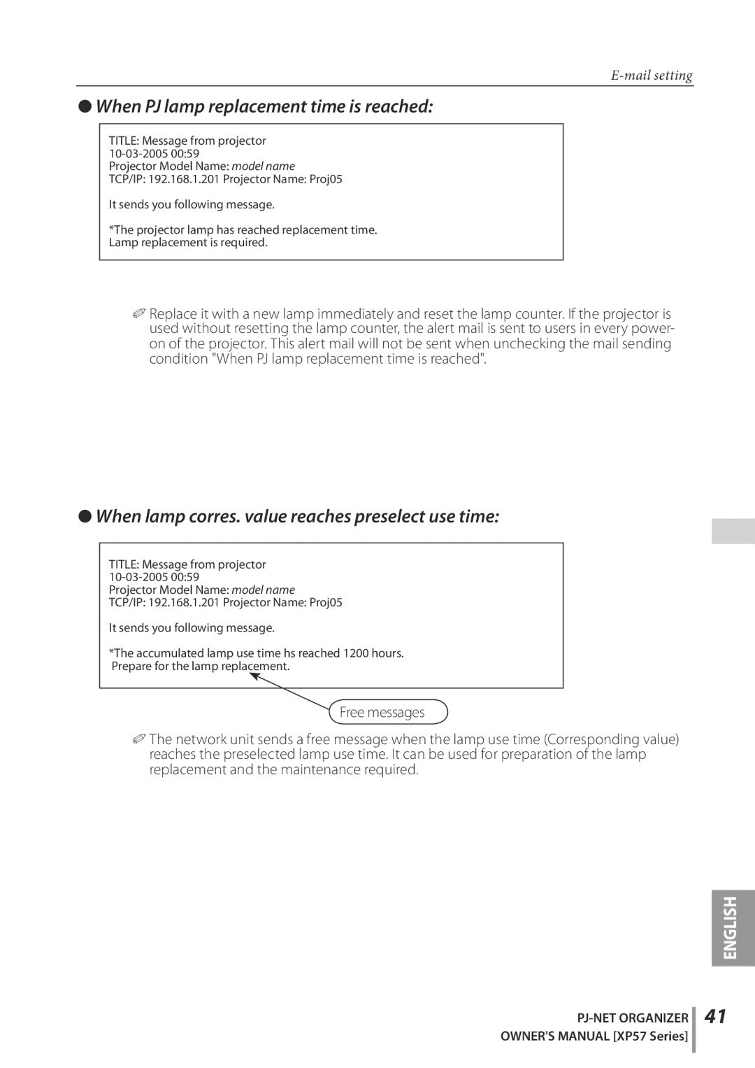 Sanyo POA-PN03C owner manual When PJ lamp replacement time is reached, When lamp corres. value reaches preselect use time 