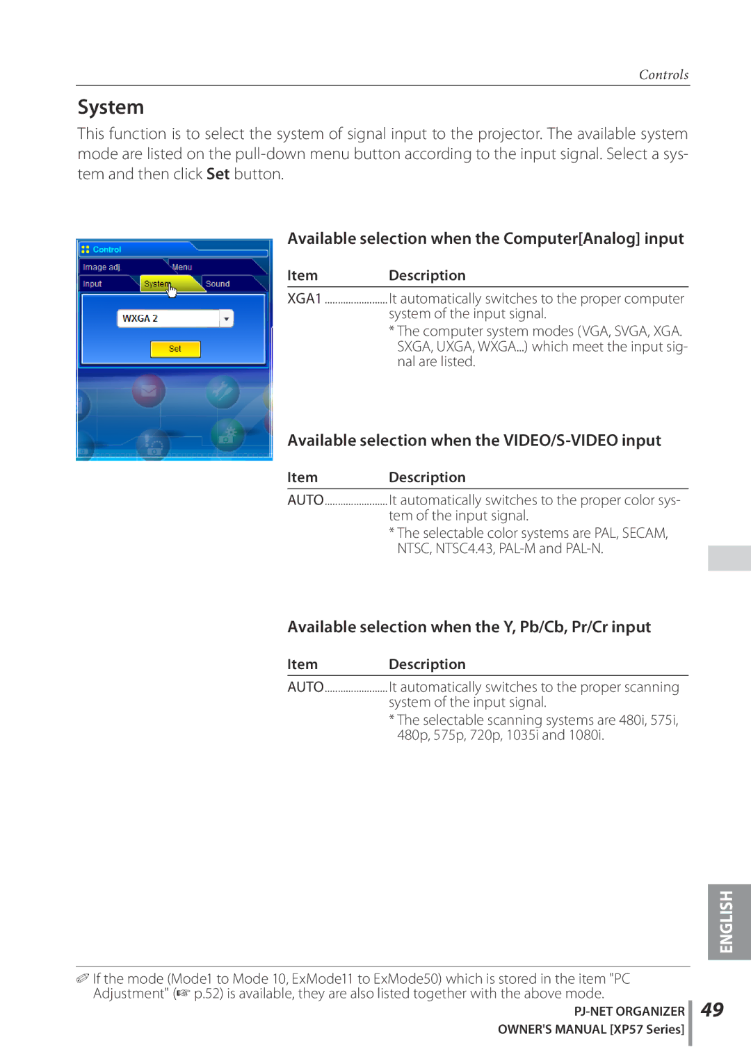 Sanyo POA-PN03C owner manual System, Available selection when the ComputerAnalog input 