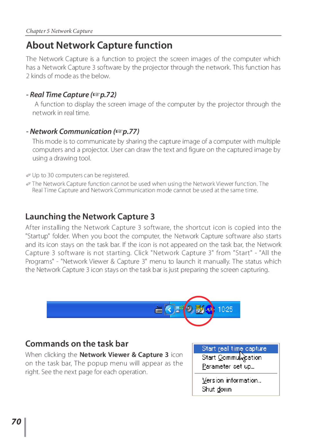 Sanyo POA-PN03C owner manual About Network Capture function, Launching the Network Capture, Commands on the task bar 