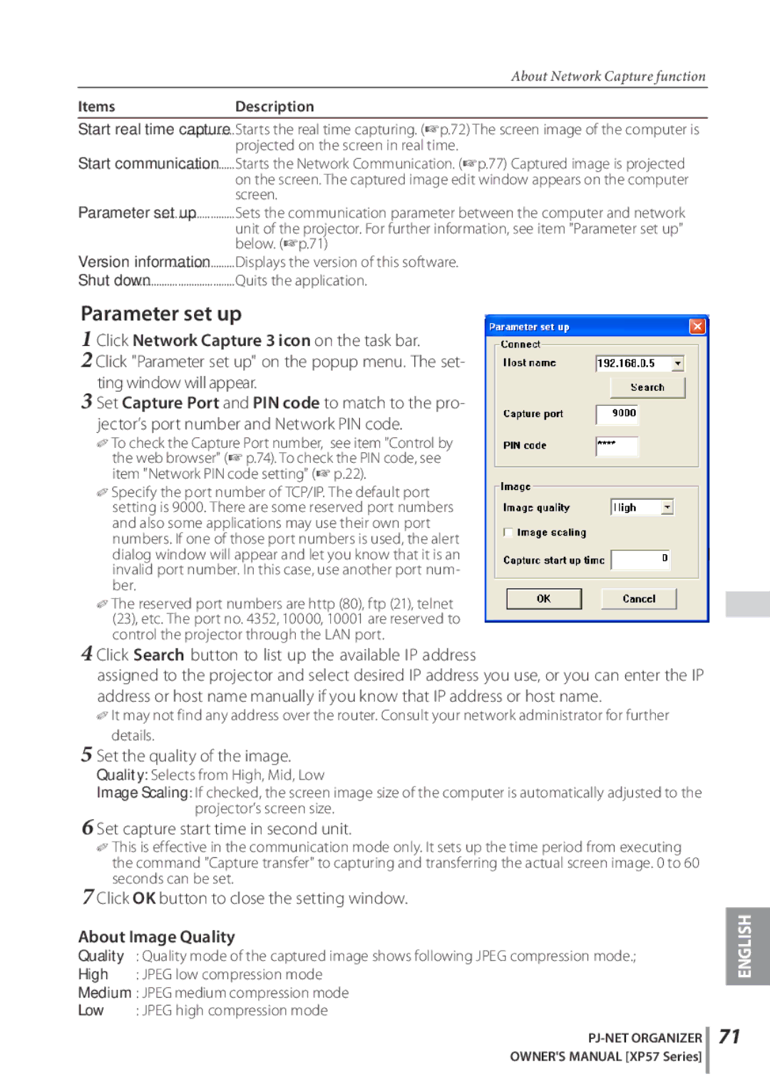 Sanyo POA-PN03C owner manual Parameter set up, Click Network Capture 3 icon on the task bar, About Image Quality 