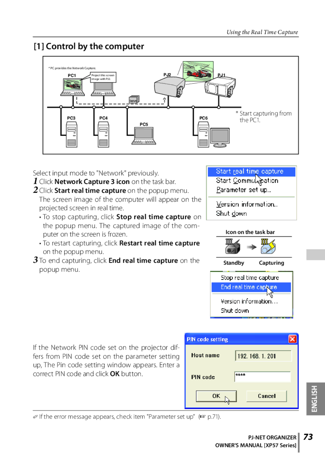 Sanyo POA-PN03C owner manual Control by the computer, Select input mode to Network previously, PC1 