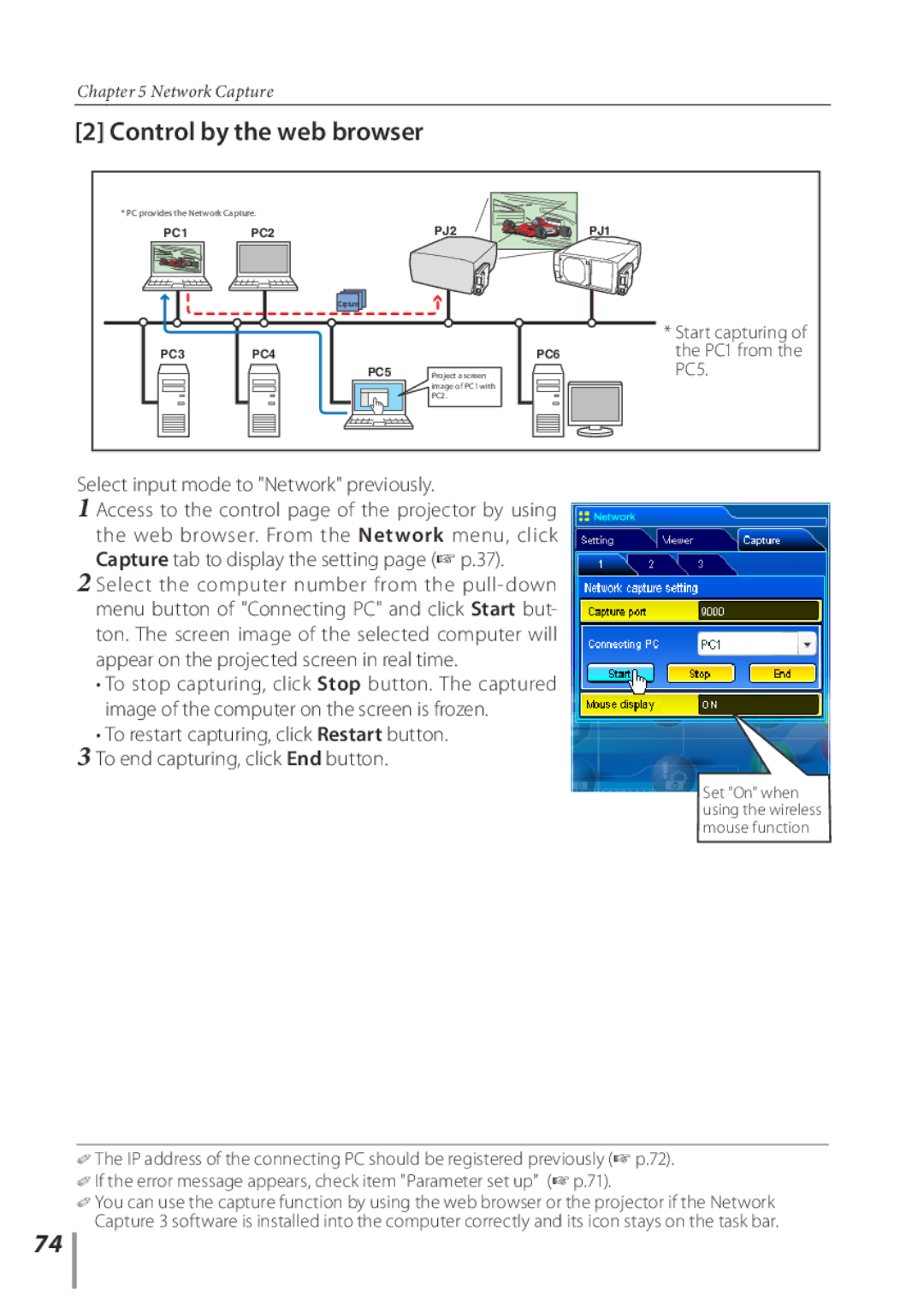 Sanyo POA-PN03C owner manual Control by the web browser, Start capturing of the PC1 from the PC5 