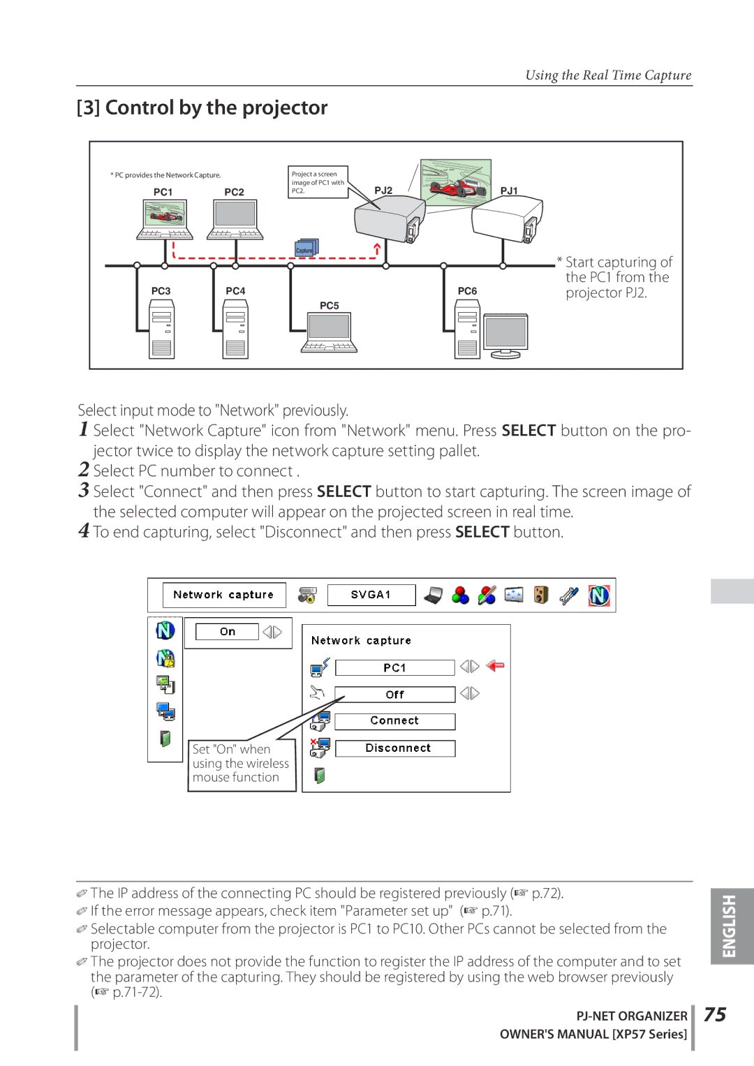 Sanyo POA-PN03C owner manual Control by the projector, Start capturing of the PC1 from the projector PJ2 