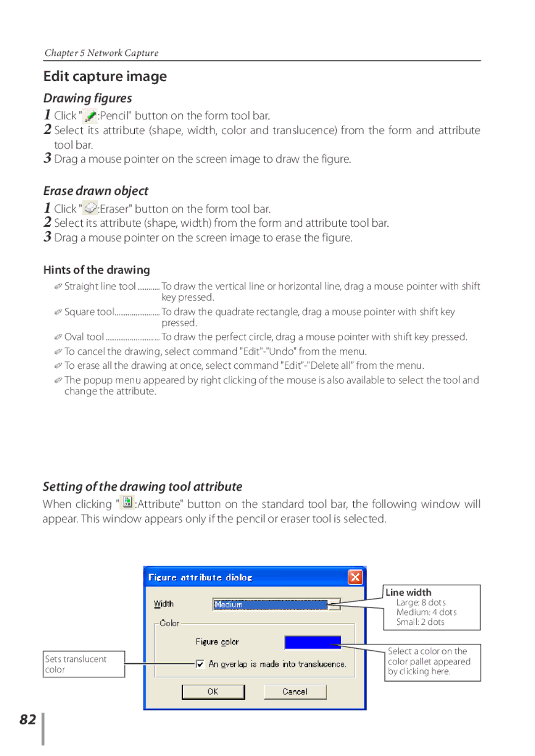 Sanyo POA-PN03C owner manual Edit capture image, Drawing figures, Erase drawn object, Setting of the drawing tool attribute 