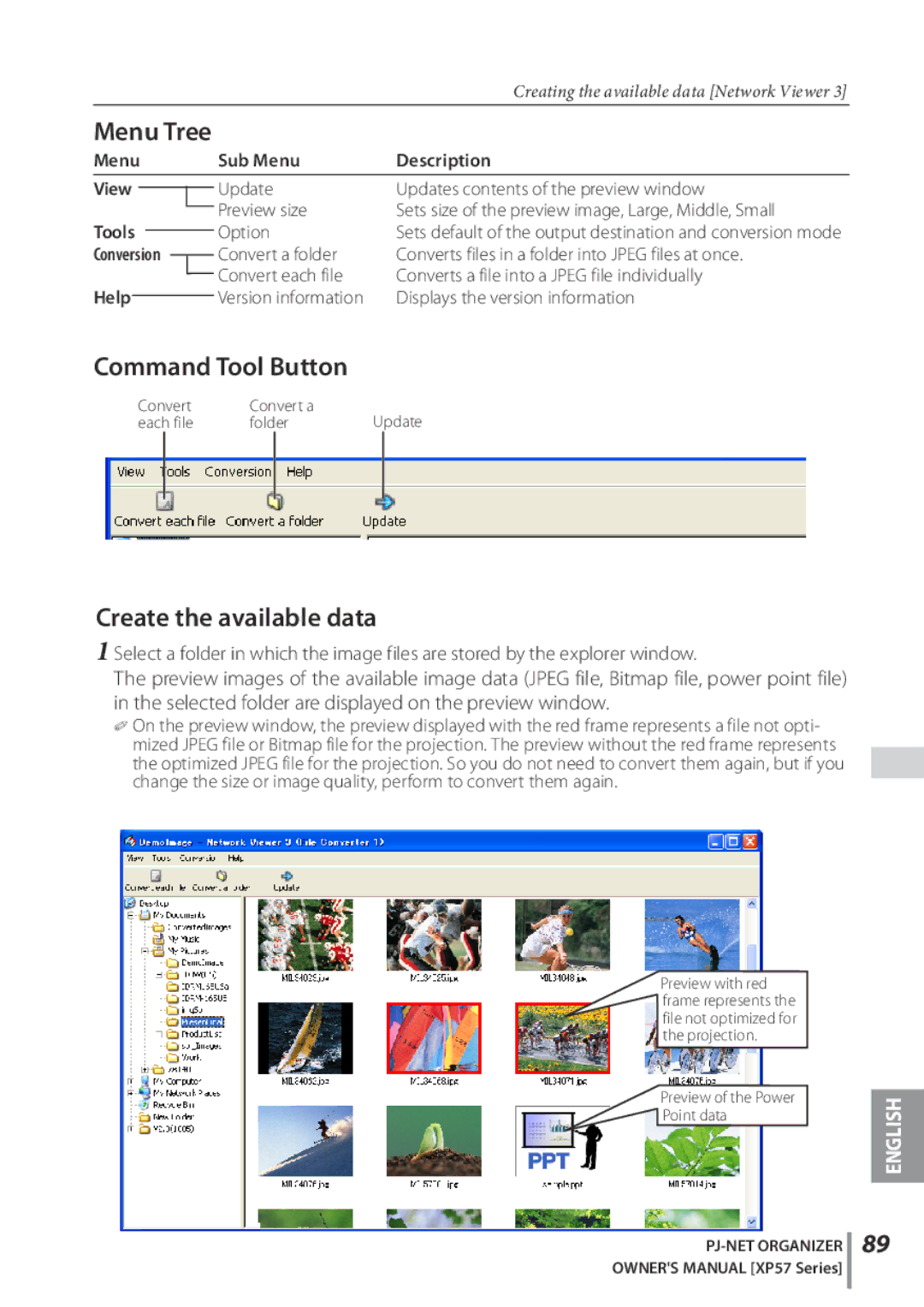 Sanyo POA-PN03C owner manual Create the available data, Menu Tree, Menu Sub Menu Description, Tools 