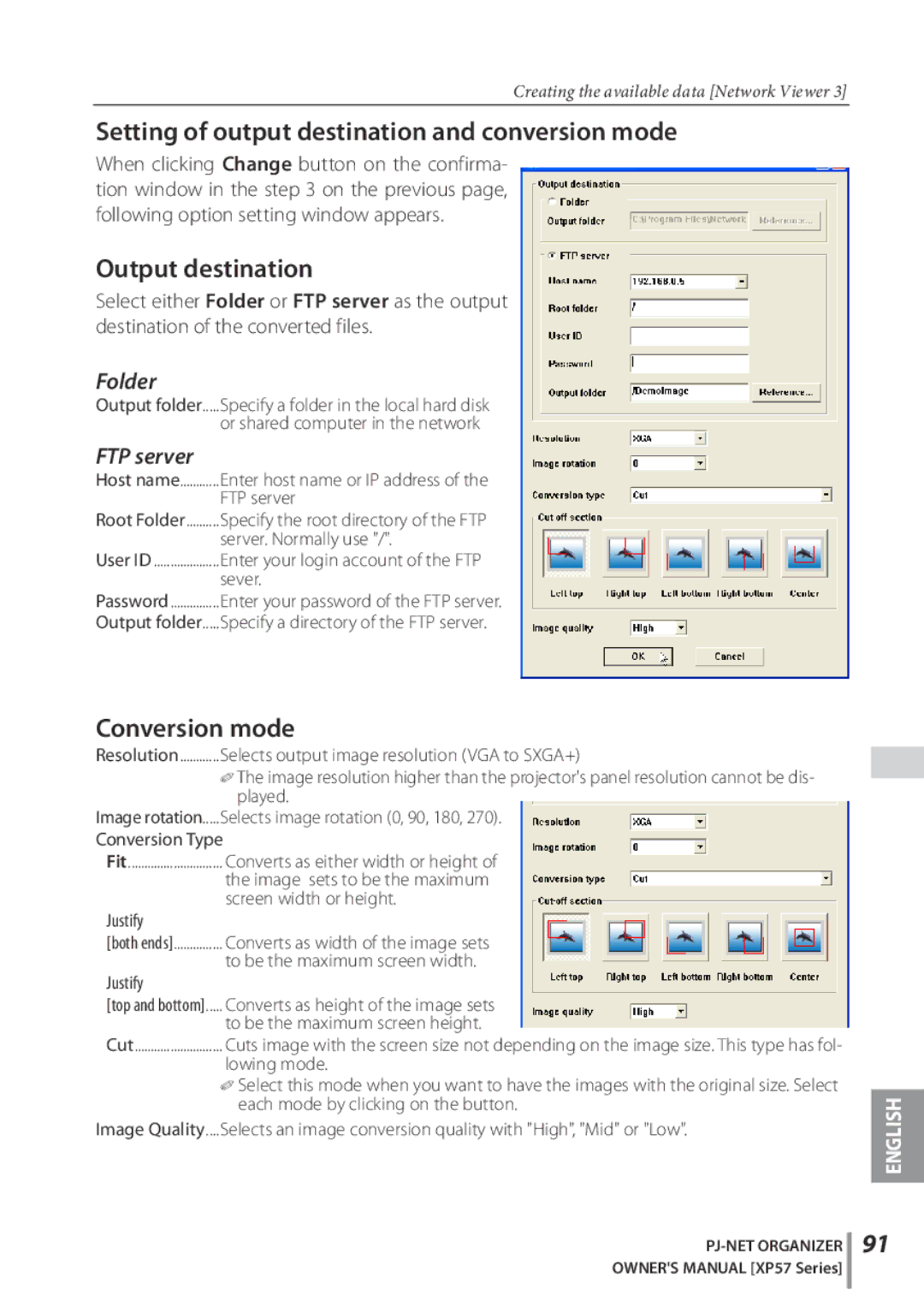 Sanyo POA-PN03C Setting of output destination and conversion mode, Output destination, Conversion mode, Folder, FTP server 