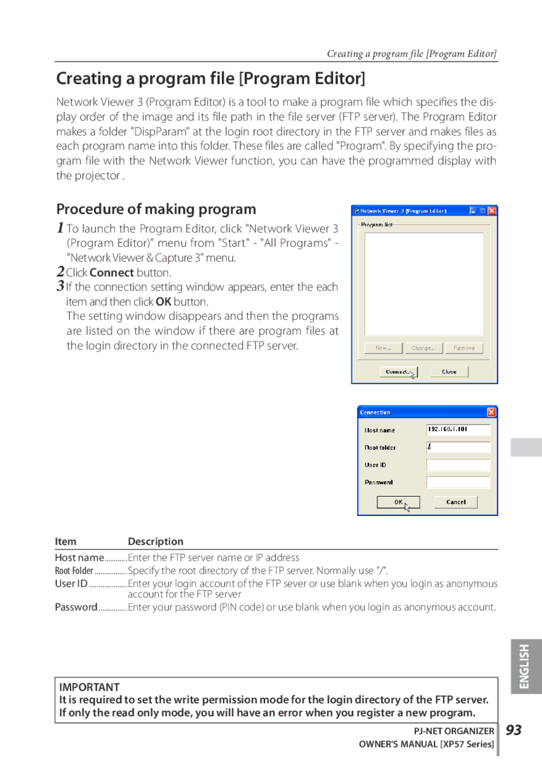 Sanyo POA-PN03C Creating a program file Program Editor, Procedure of making program, Account for the FTP server 