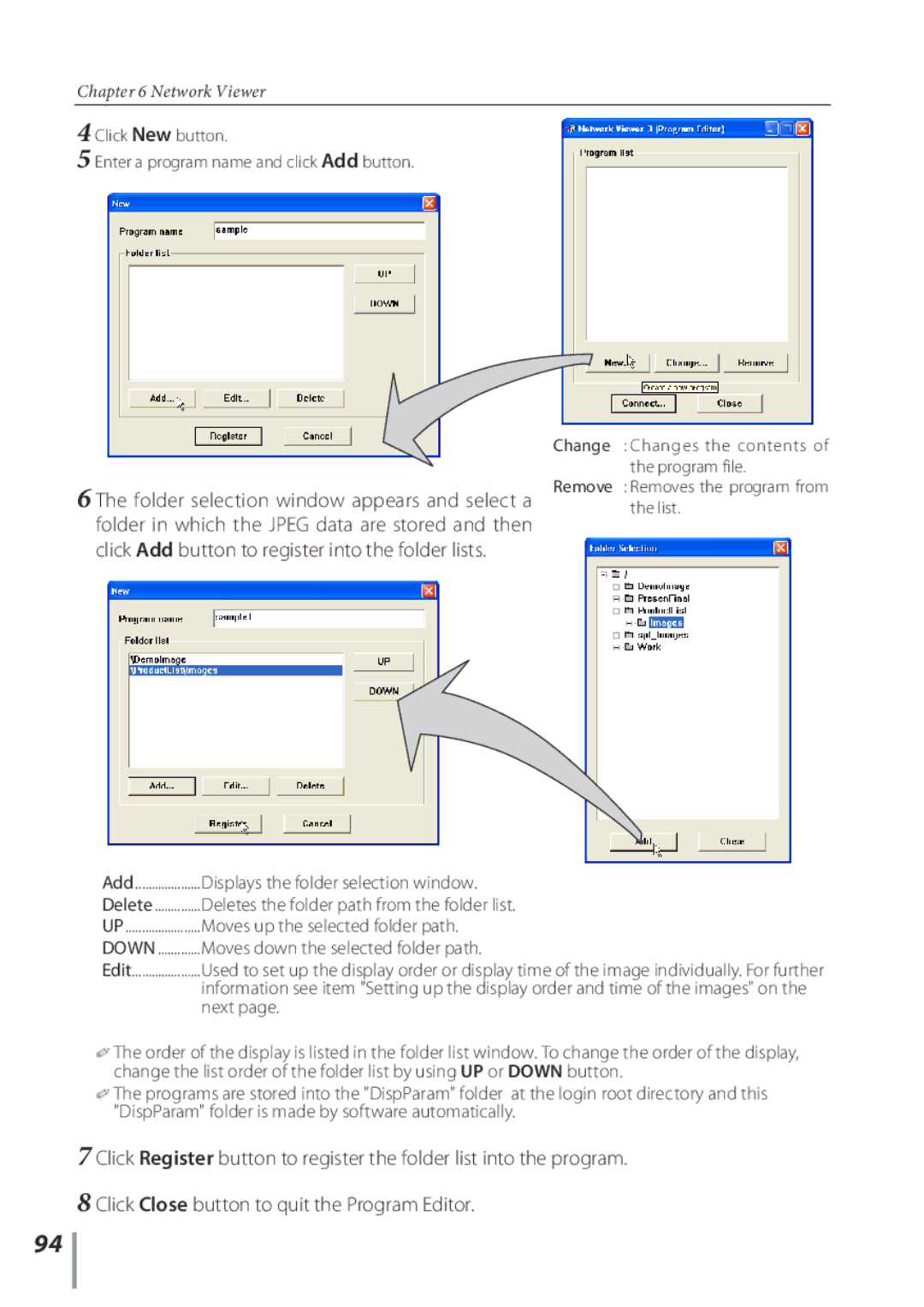 Sanyo POA-PN03C owner manual Displays the folder selection window, Deletes the folder path from the folder list, Next 