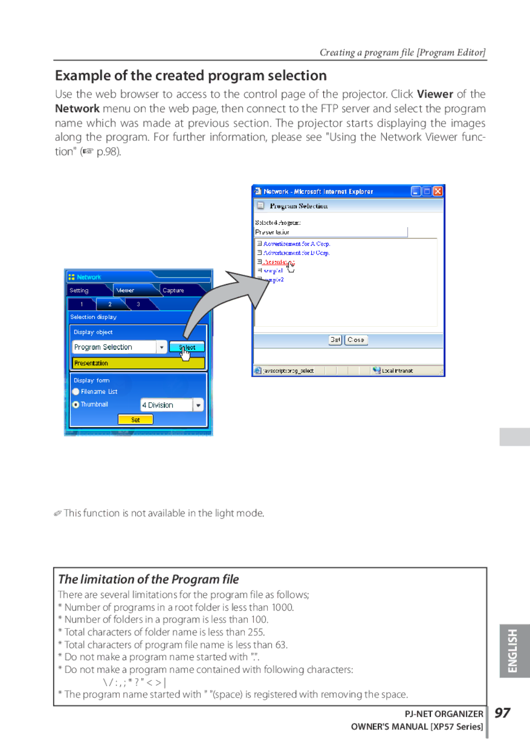 Sanyo POA-PN03C owner manual Example of the created program selection, Limitation of the Program file 