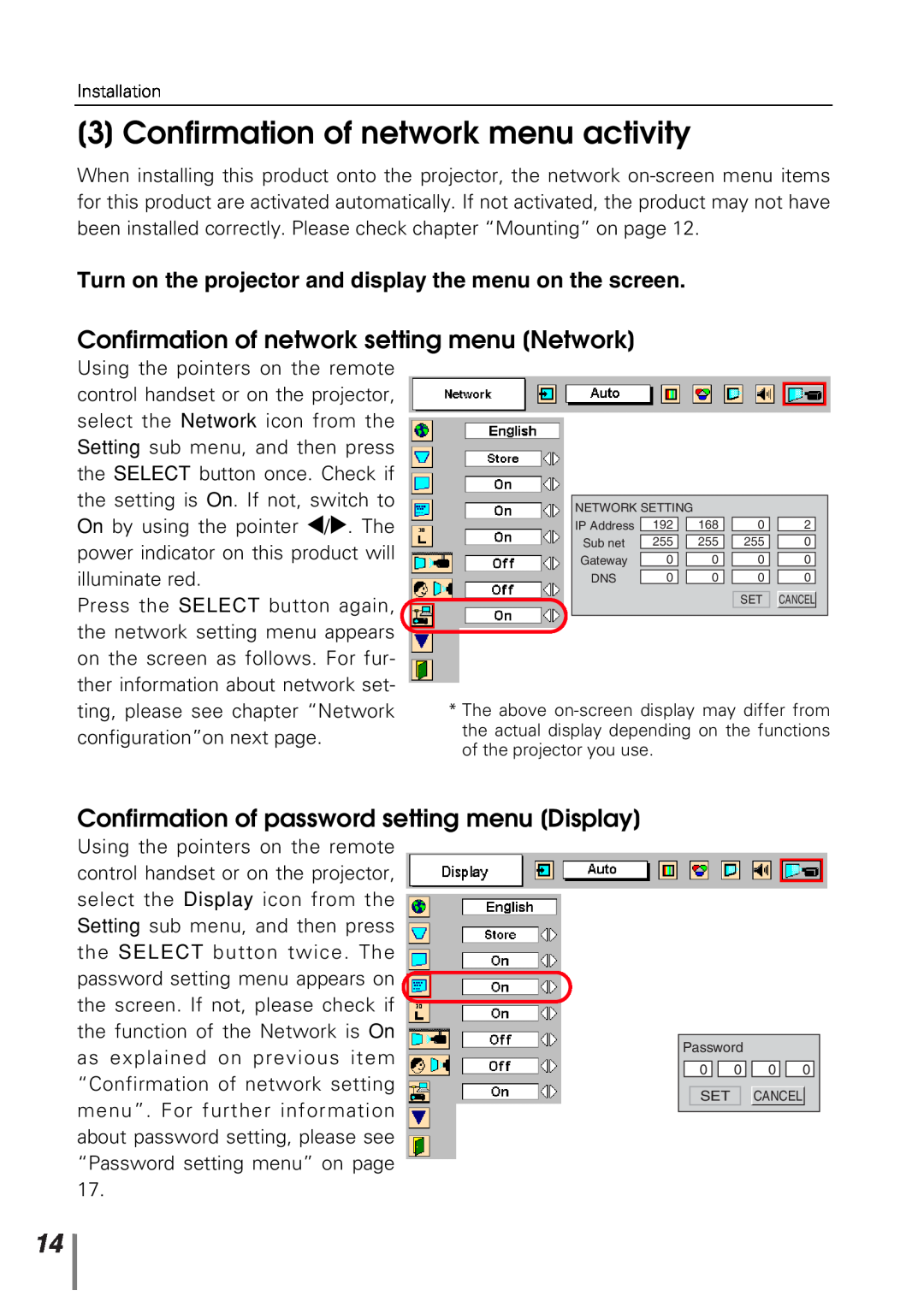 Sanyo POA-PN10 owner manual Confirmation of network menu activity, Confirmation of network setting menu Network 
