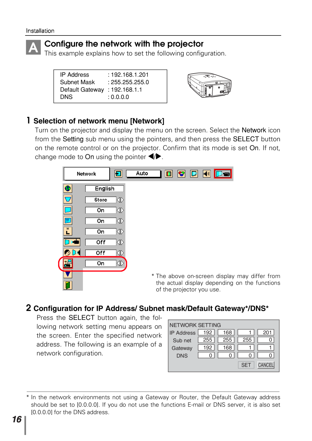 Sanyo POA-PN10 owner manual Configure the network with the projector, Selection of network menu Network 