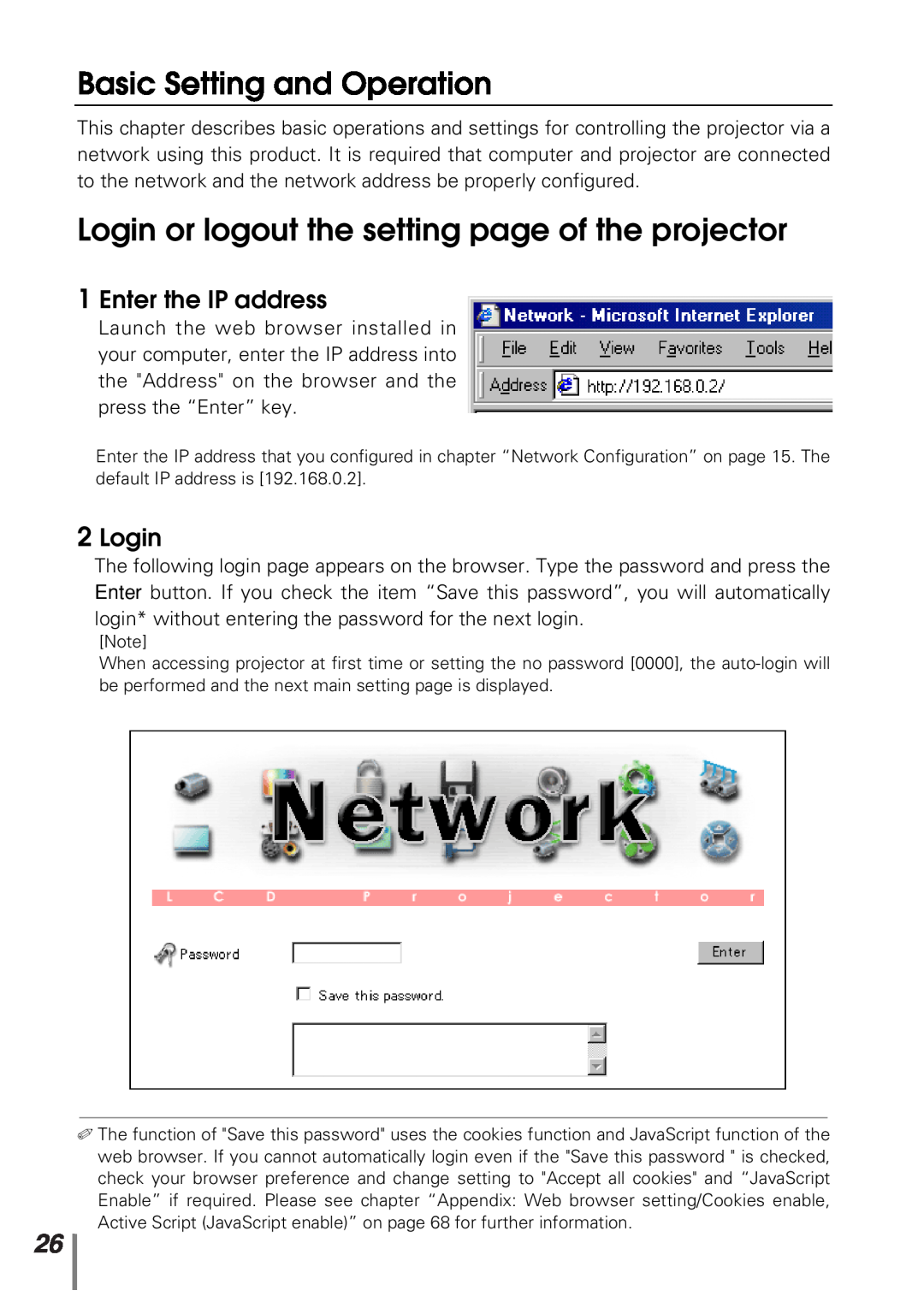 Sanyo POA-PN10 Basic Setting and Operation, Login or logout the setting page of the projector, Enter the IP address 