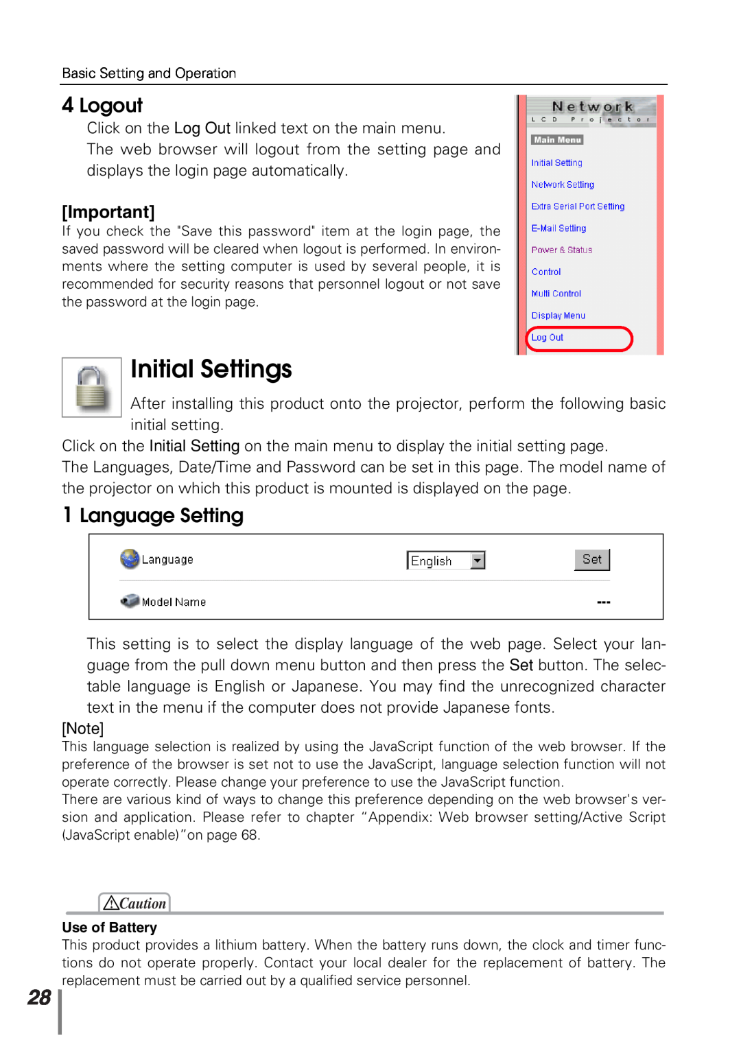 Sanyo POA-PN10 owner manual Initial Settings, Logout, Language Setting 