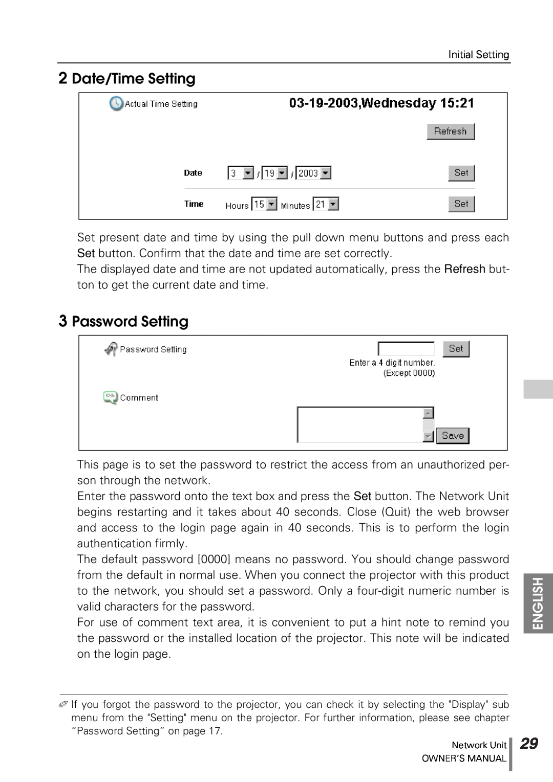 Sanyo POA-PN10 owner manual Date/Time Setting, Password Setting, English, Initial Setting 