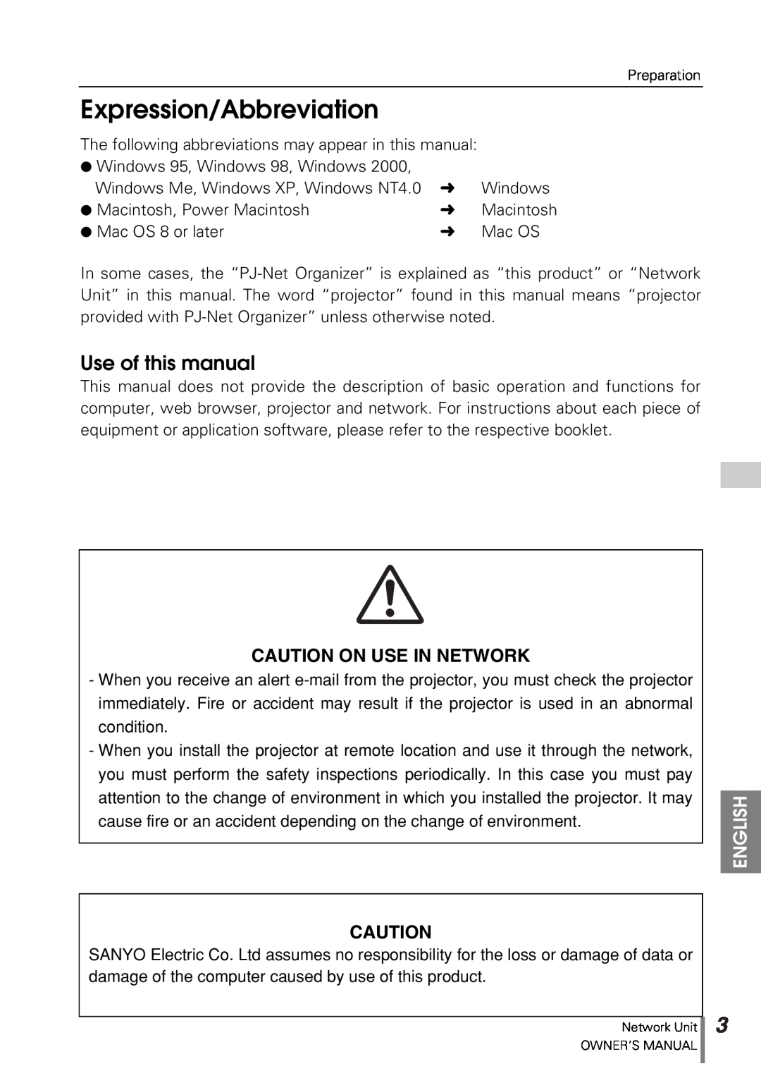 Sanyo POA-PN10 owner manual Expression/Abbreviation, Use of this manual, Caution On Use In Network 