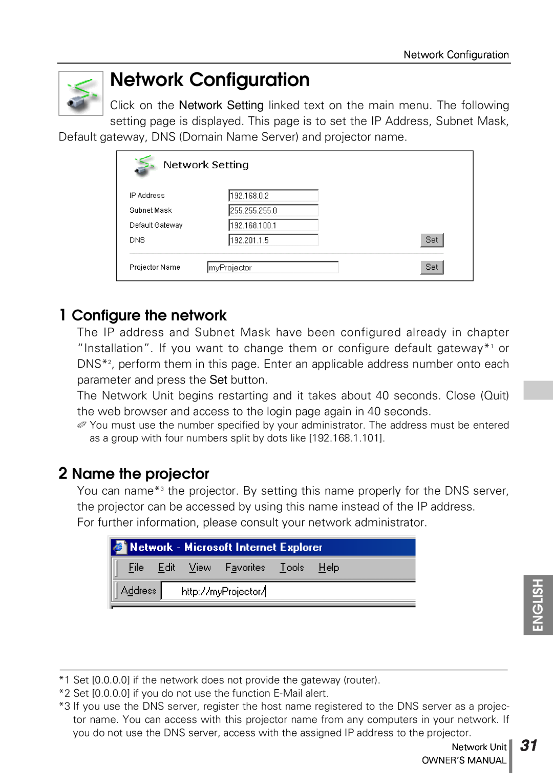 Sanyo POA-PN10 owner manual Network Configuration, Configure the network, Name the projector, English 
