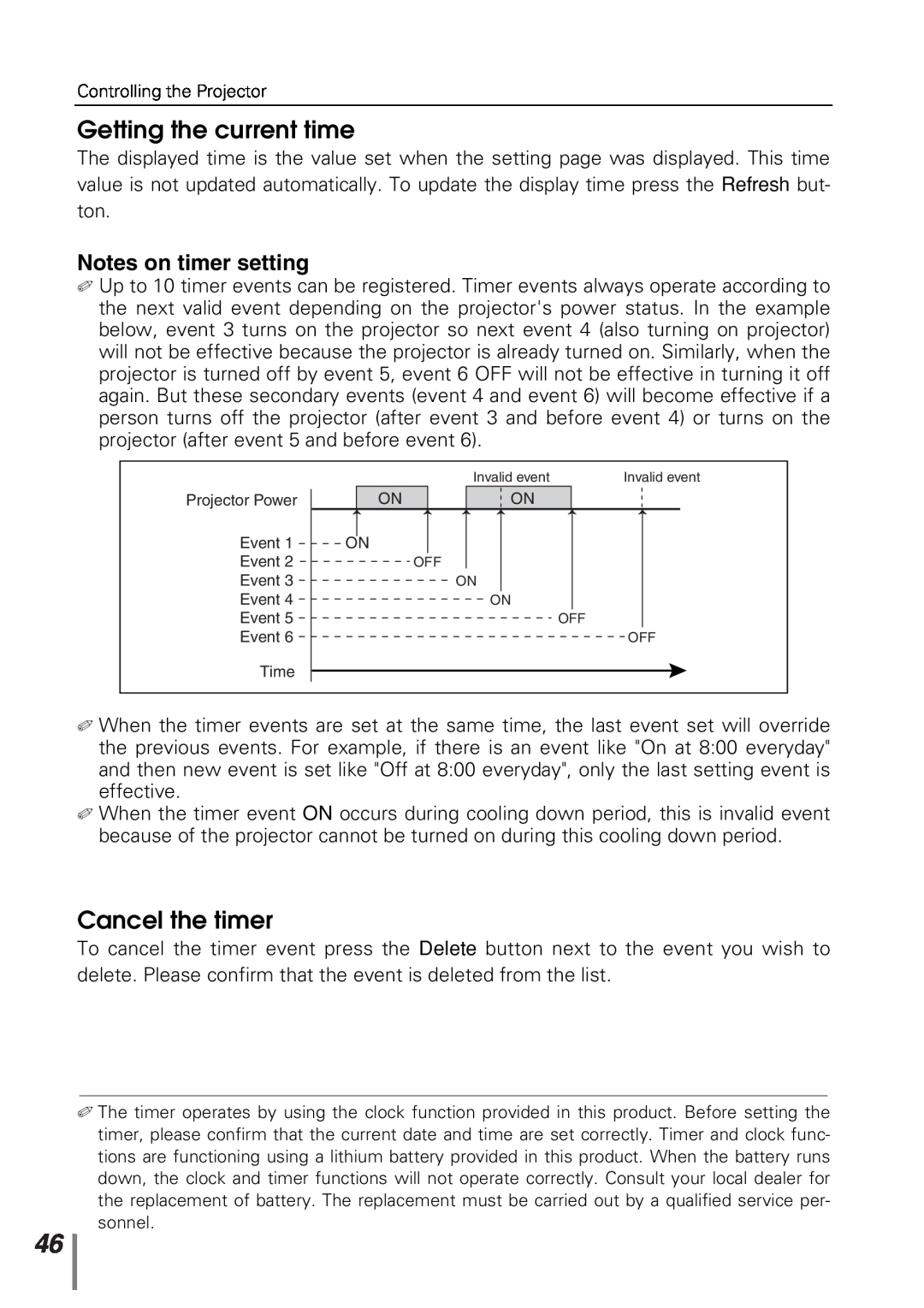 Sanyo POA-PN10 owner manual Getting the current time, Cancel the timer, Notes on timer setting 