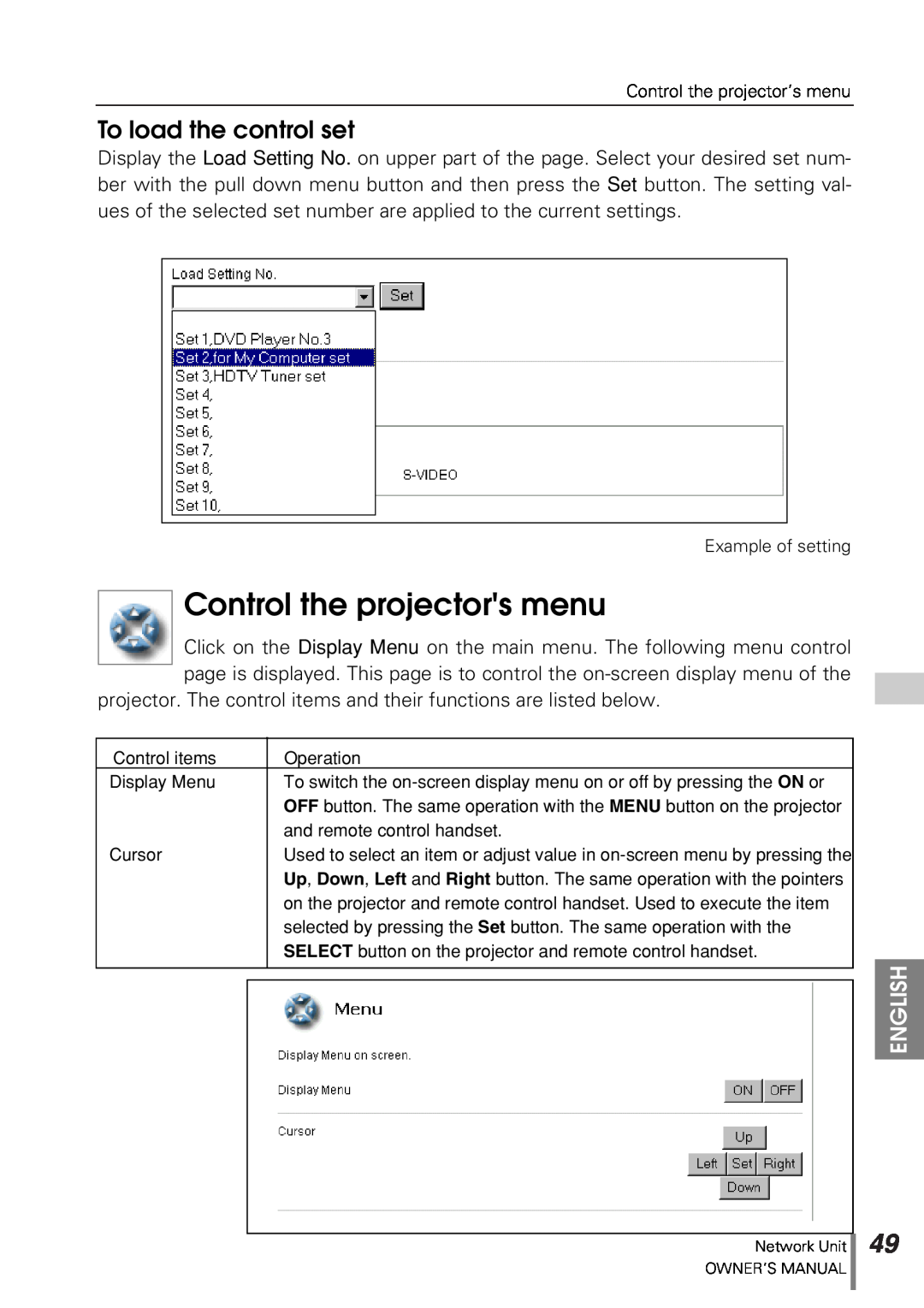 Sanyo POA-PN10 owner manual Control the projectors menu, To load the control set, English 