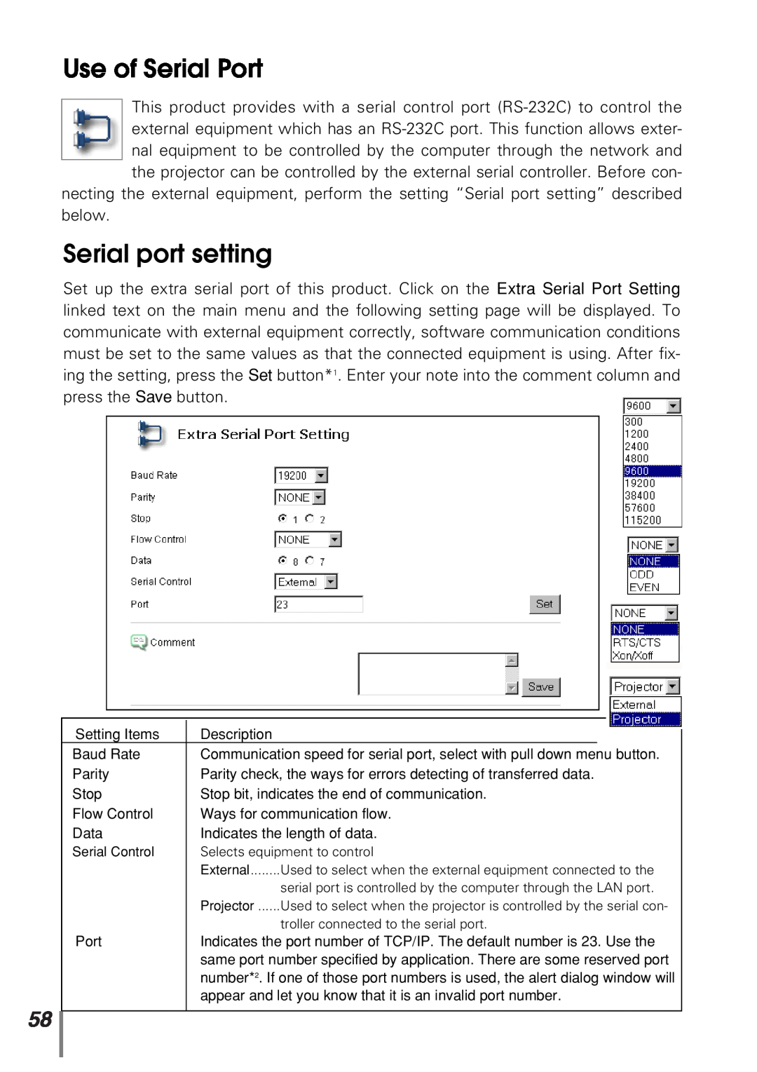 Sanyo POA-PN10 owner manual Use of Serial Port, Serial port setting, Serial Control 