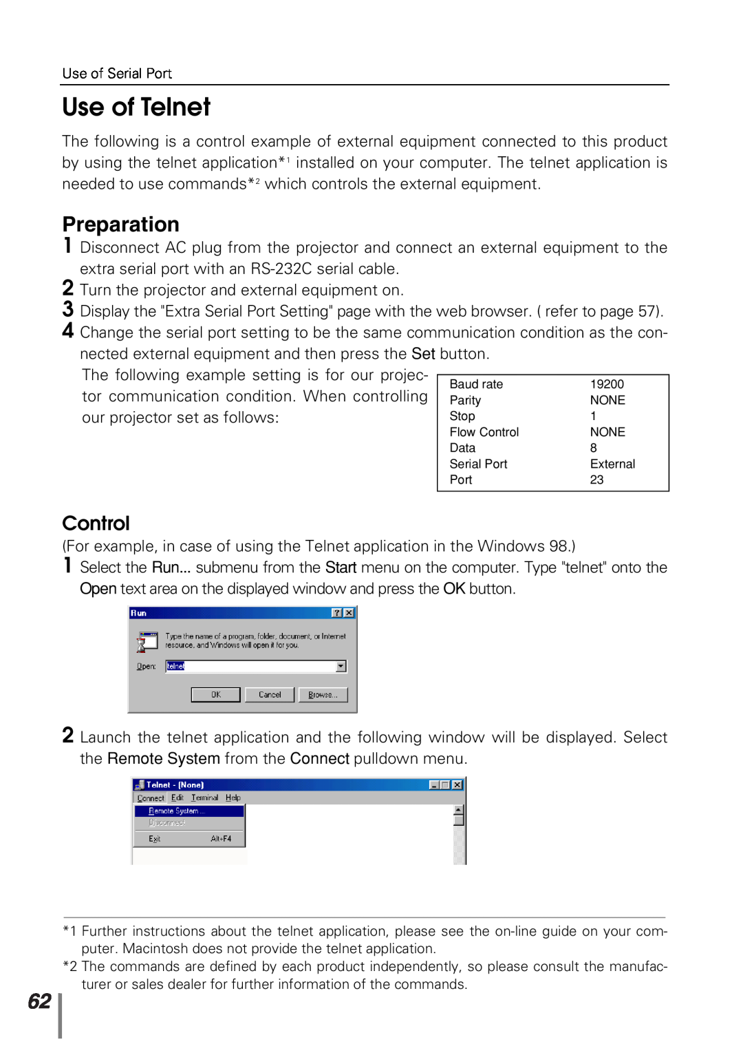Sanyo POA-PN10 owner manual Use of Telnet, Preparation, Control 