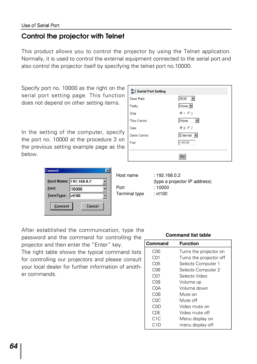 Sanyo POA-PN10 owner manual Control the projector with Telnet, Command list table 