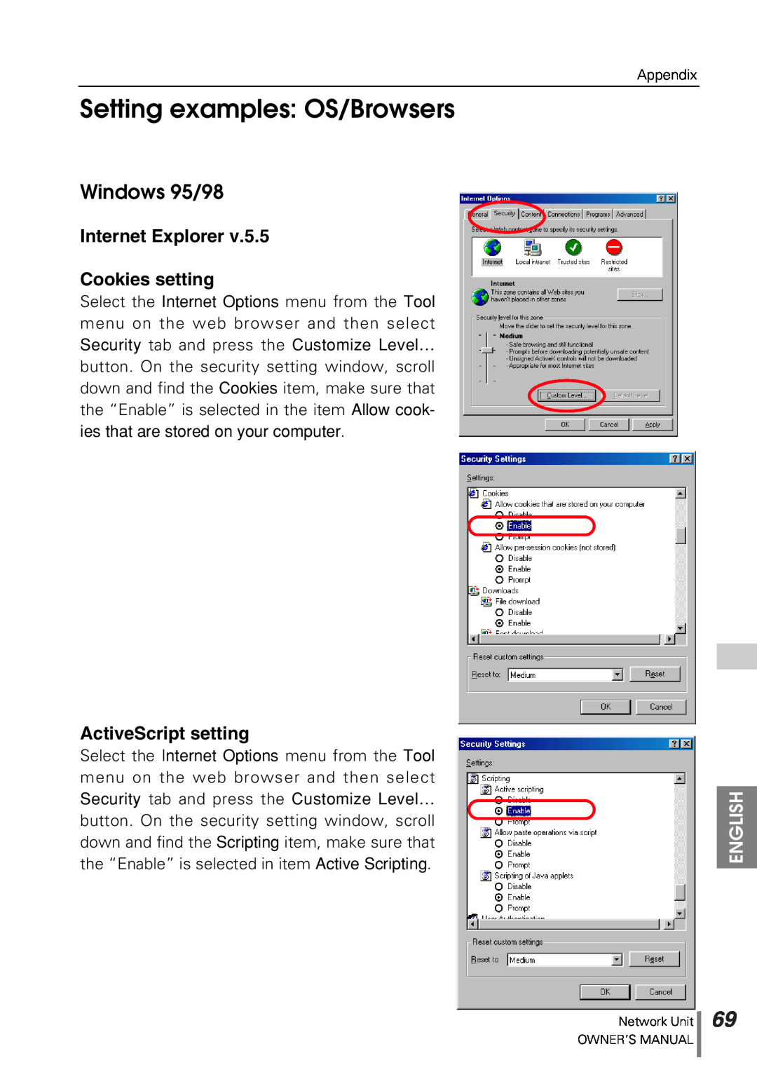Sanyo POA-PN10 Setting examples OS/Browsers, Windows 95/98, Internet Explorer Cookies setting, ActiveScript setting 
