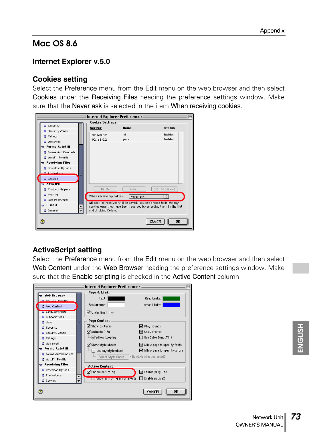 Sanyo POA-PN10 owner manual Mac OS, Internet Explorer Cookies setting, ActiveScript setting, English 