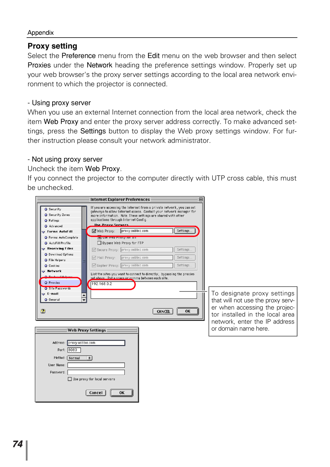 Sanyo POA-PN10 owner manual Proxy setting 