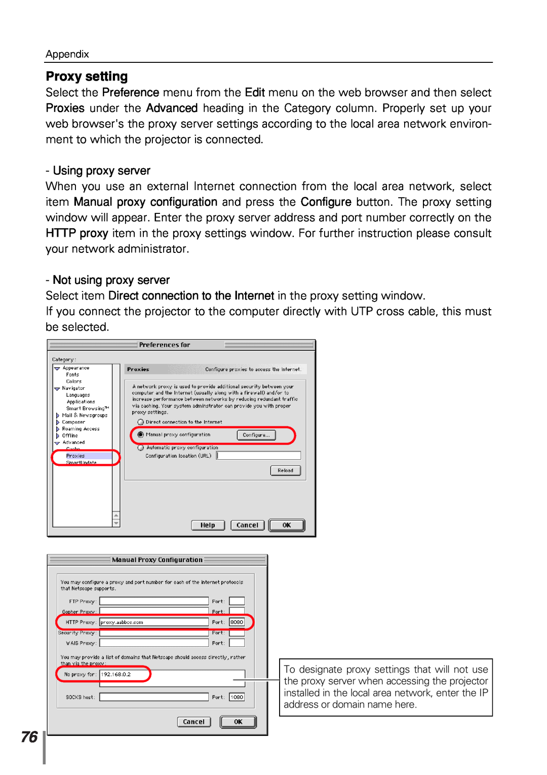 Sanyo POA-PN10 owner manual Proxy setting, Using proxy server, Not using proxy server 