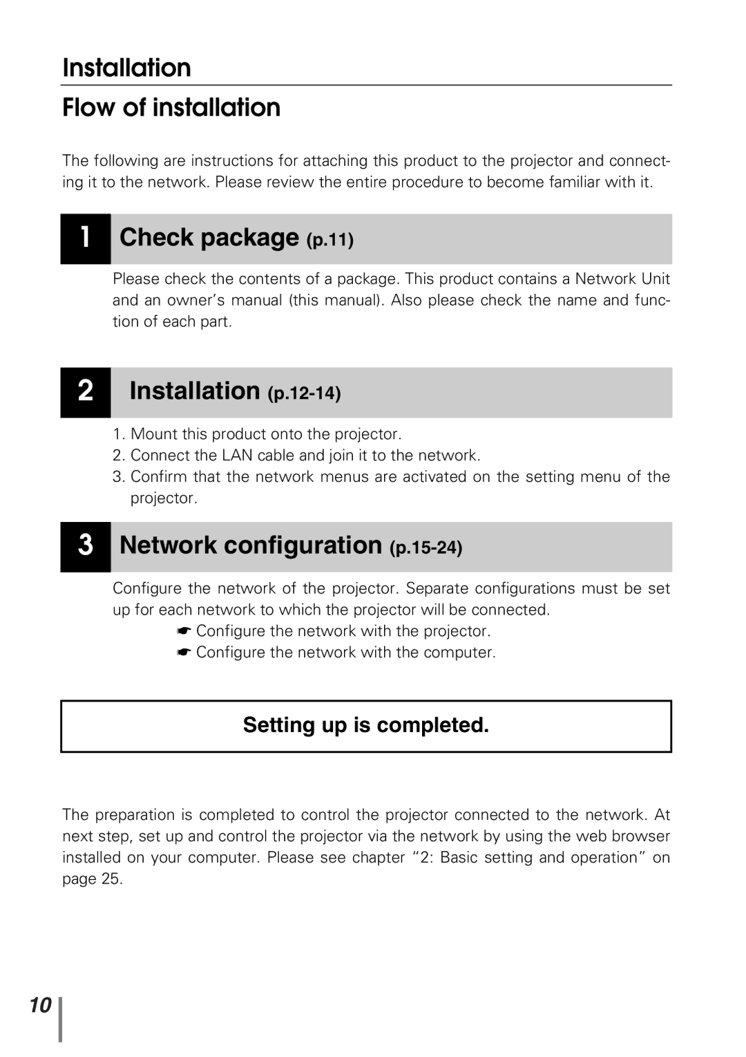 Sanyo POA-PN10 owner manual Installation Flow of installation, Check package p.11 Installation p.12-14 