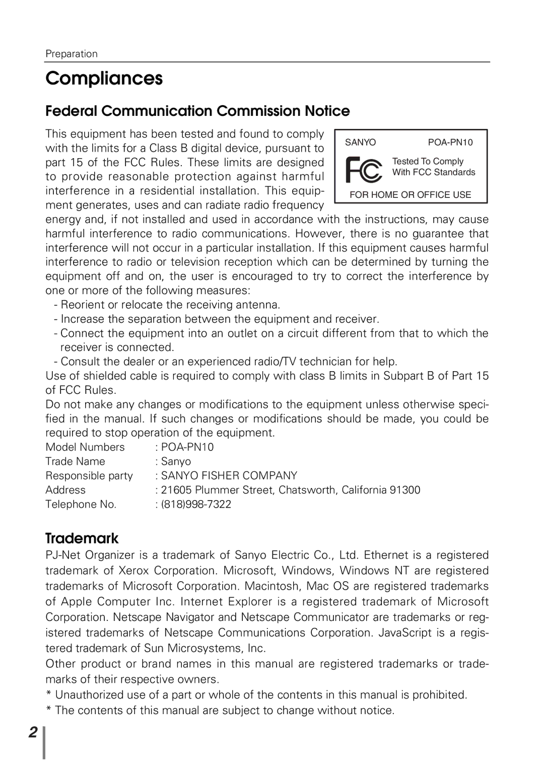 Sanyo POA-PN10 owner manual Compliances, Federal Communication Commission Notice, Trademark 