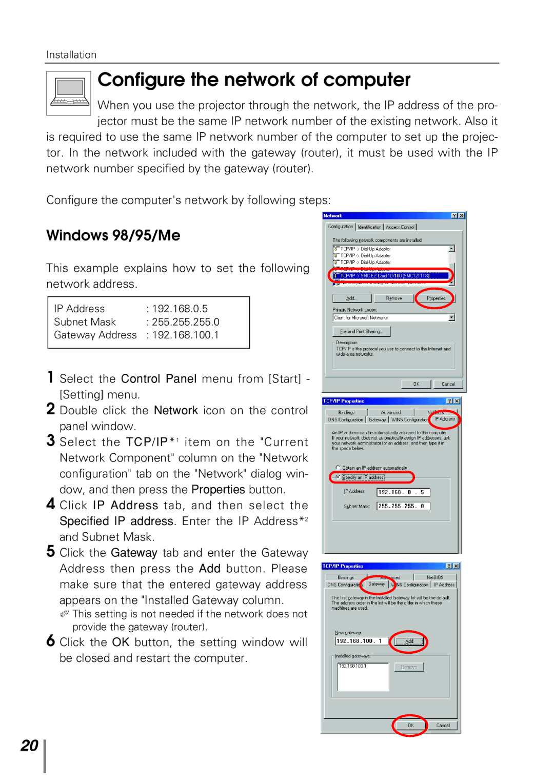 Sanyo POA-PN10 owner manual Configure the network of computer, Windows 98/95/Me 