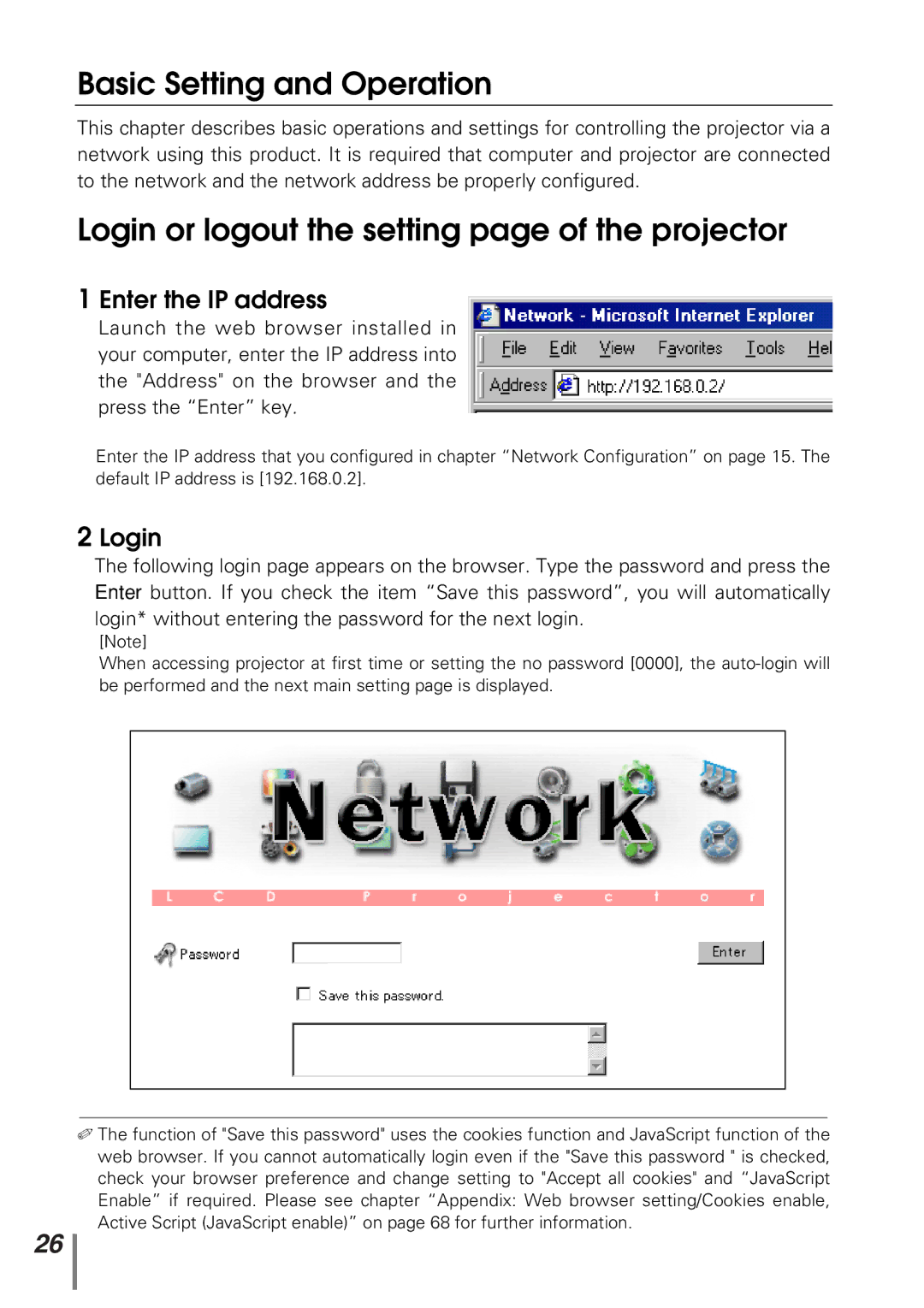 Sanyo POA-PN10 Basic Setting and Operation, Login or logout the setting page of the projector, Enter the IP address 