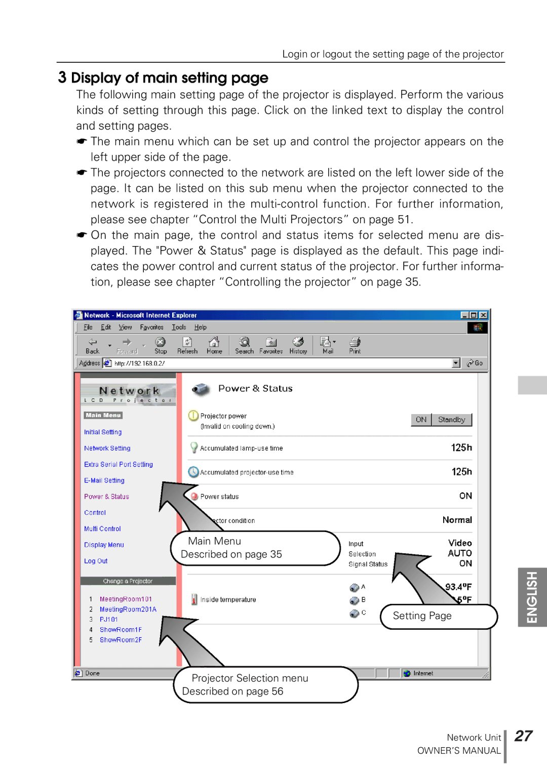 Sanyo POA-PN10 owner manual Display of main setting 