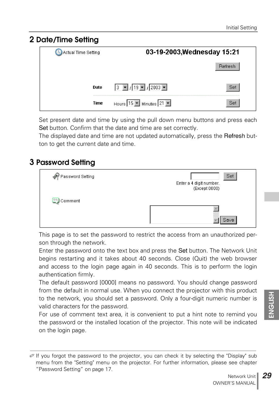 Sanyo POA-PN10 owner manual Date/Time Setting, Password Setting 