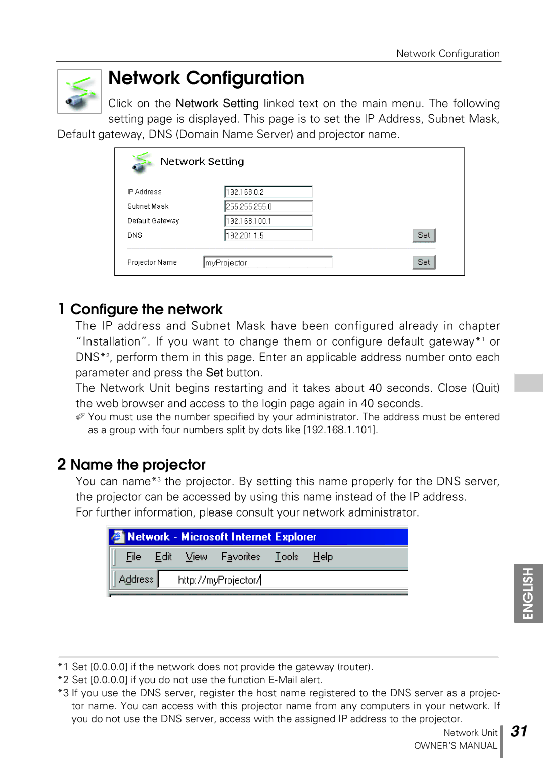 Sanyo POA-PN10 owner manual Configure the network, Name the projector 