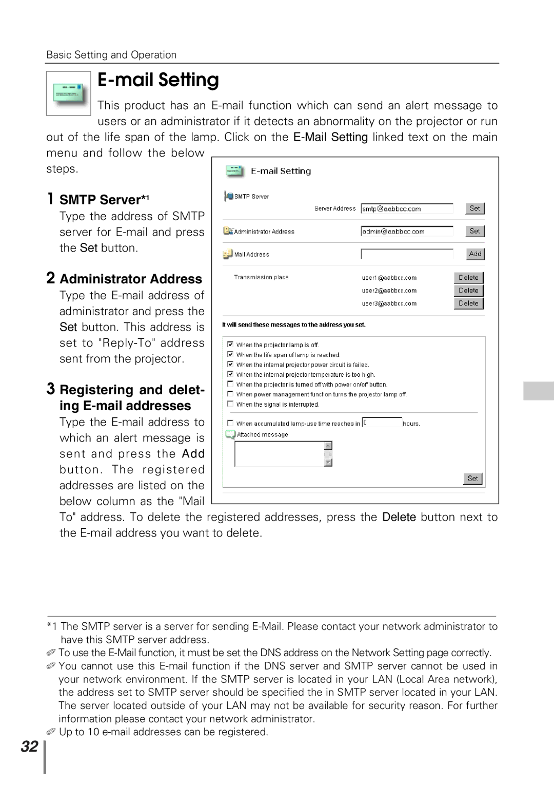 Sanyo POA-PN10 owner manual Mail Setting, Smtp Server*1, Administrator Address, Registering and delet Ing E-mail addresses 