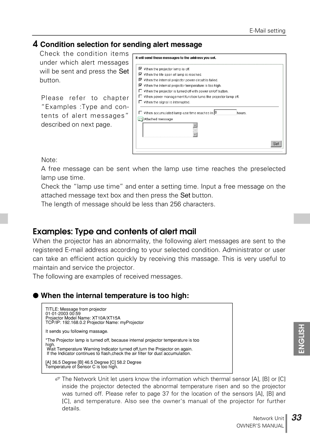 Sanyo POA-PN10 owner manual Examples Type and contents of alert mail 