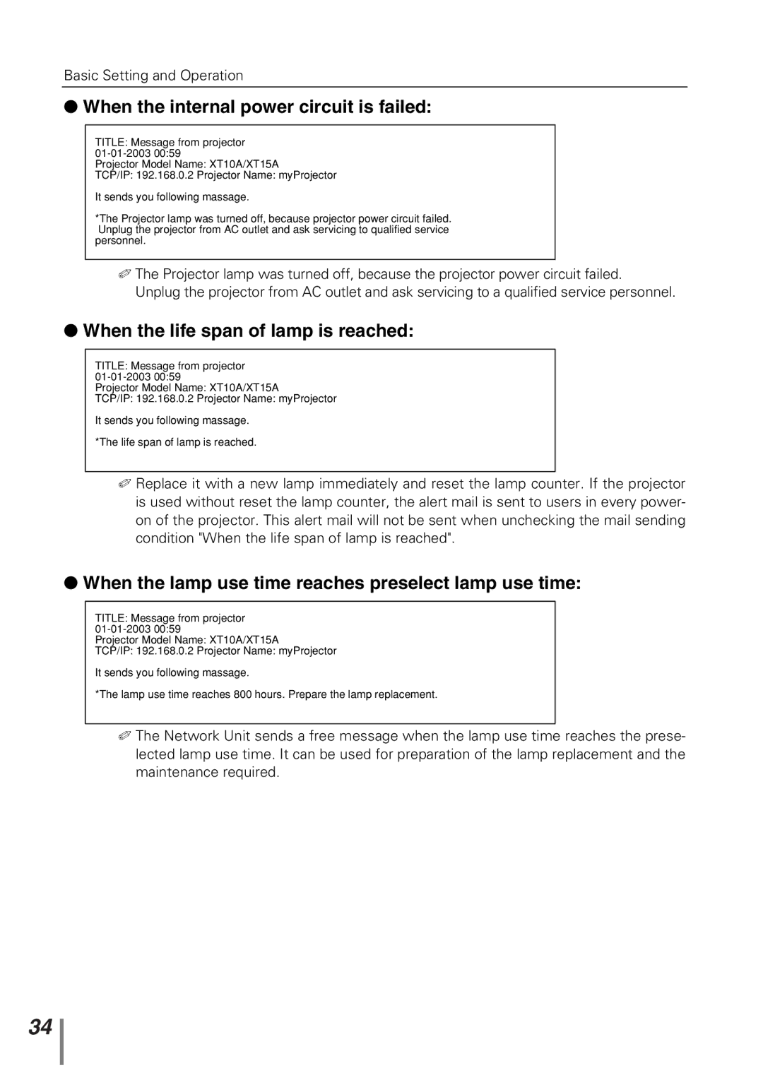 Sanyo POA-PN10 owner manual When the internal power circuit is failed, When the life span of lamp is reached 