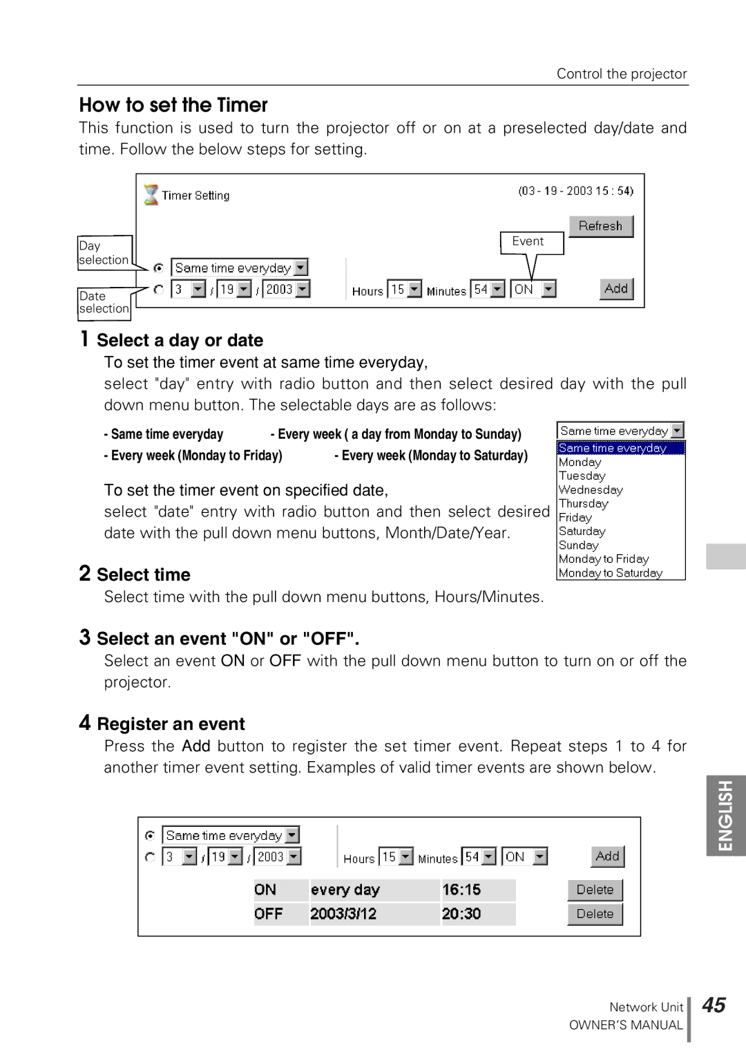 Sanyo POA-PN10 How to set the Timer, Select a day or date, Select time, Select an event on or OFF, Register an event 