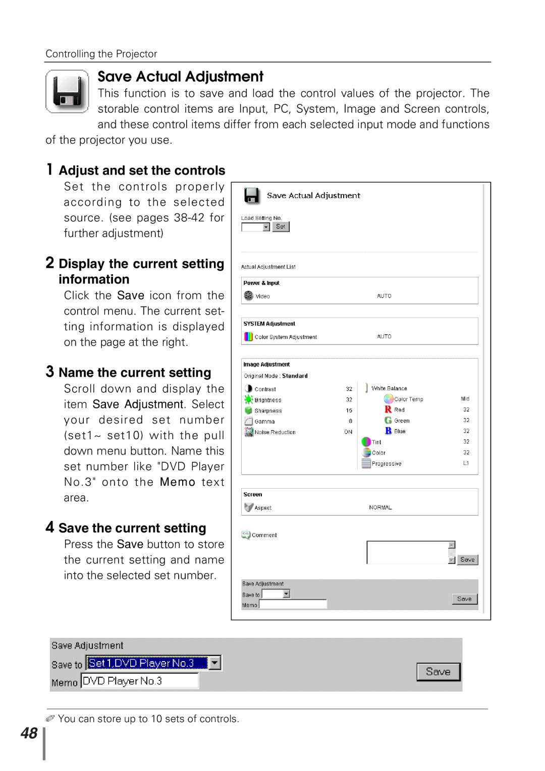 Sanyo POA-PN10 owner manual Save Actual Adjustment, Adjust and set the controls, Display the current setting information 