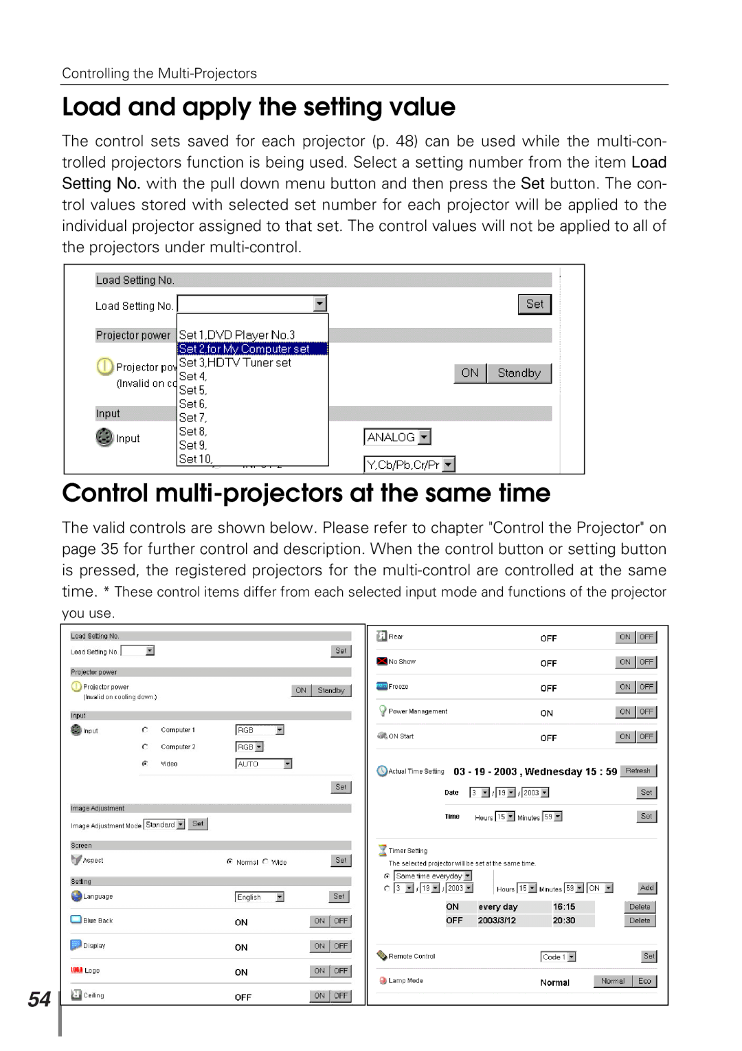 Sanyo POA-PN10 owner manual Load and apply the setting value, Control multi-projectors at the same time 